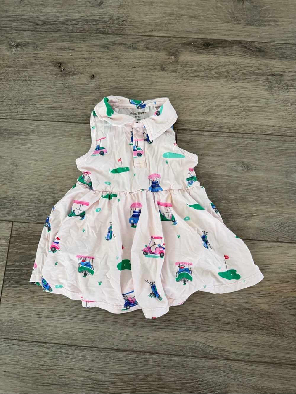 Angel Dear White Polo Dress with Pink & Green Golf Cart Print